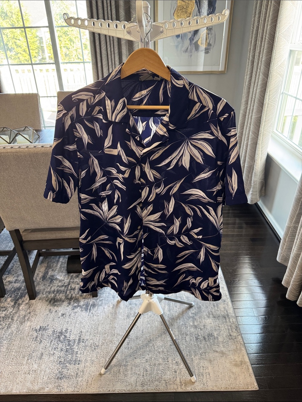 ASOS Navy Short-Sleeve Button-Down Shirt with White Leaf Print